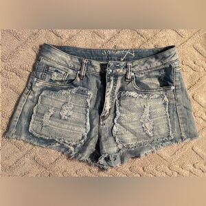 Women’s Distressed Denim Shorts - Special X Boho Aztec Patch Designs, Size M